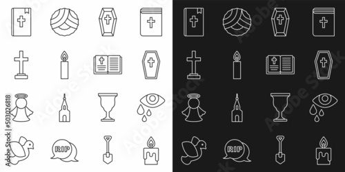 Set line Burning candle, Tear cry eye, Coffin with cross, Grave, Holy bible book and icon. Vector