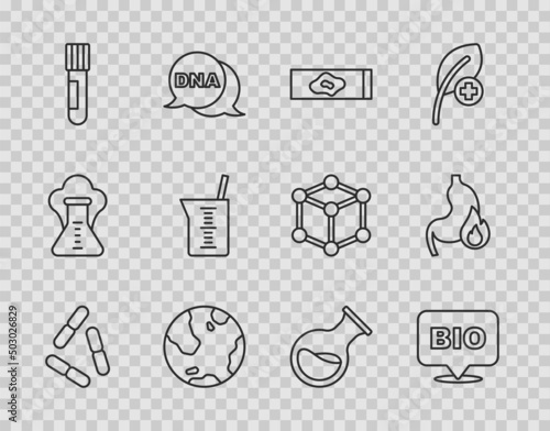 Set line Virus, Bio healthy food, Blood test and virus, Earth globe, Test tube flask, Laboratory glassware or beaker, and Stomach heartburn icon. Vector