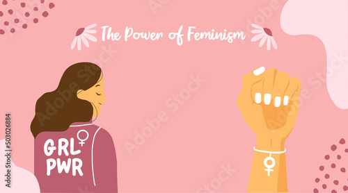 Girl Power.  International Women's Day, women's rights. Feminist quote, women's motivational slogan. Feminist statement. Illustration, card, presentation of feminism, woman raised fist, fight for wome photo