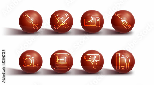 Set line Measuring spoon, Roulette construction, Laser distance measurer, Digital thermometer, Graph, schedule, chart, diagram, Crossed ruler and pencil, height body and instrument icon. Vector