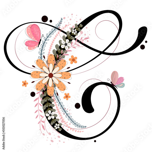 Alphabet letter C vector with flowers, butterfly and leaves. Collection Ornament letters. Illustration letter C