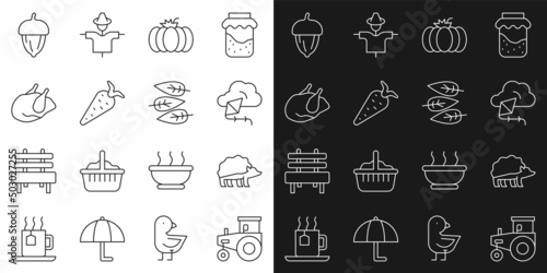 Set line Tractor, Hedgehog, Kite, Pumpkin, Carrot, Roasted turkey chicken, Acorn and Leaf leaves icon. Vector
