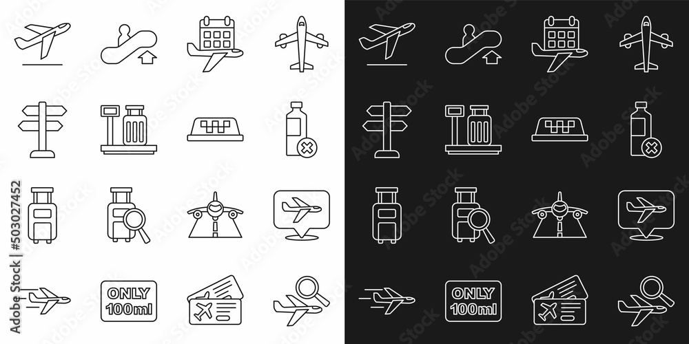 Set line Airplane search, Plane, No water bottle, Calendar and airplane, Scale with suitcase, Road traffic sign, takeoff and Taxi car roof icon. Vector
