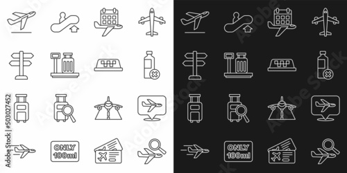 Set line Airplane search, Plane, No water bottle, Calendar and airplane, Scale with suitcase, Road traffic sign, takeoff and Taxi car roof icon. Vector