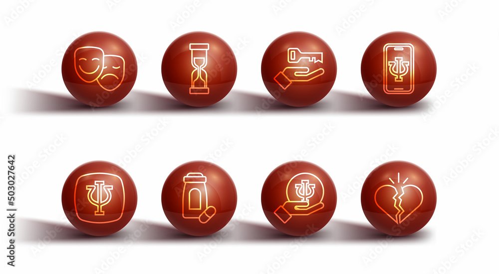 Set line Comedy and tragedy masks, Psychology, Psi, Psychologist online, Sedative pills, Old hourglass, Broken heart or divorce and Solution to the problem icon. Vector Set line Comedy and tragedy masks, Psychology, Psi, Psychologist online, Sedative pills, Old hourglass, Broken heart or divorce and Solution to the problem icon. Vector