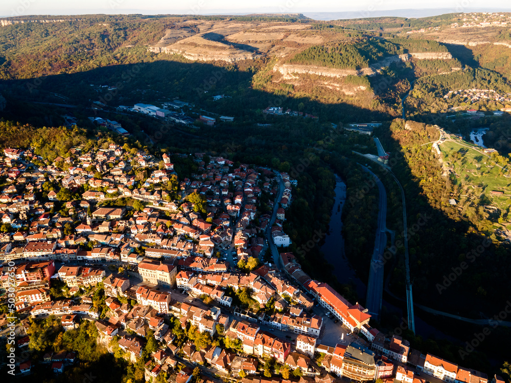 Aerial Sunset view of city of Veliko Tarnovo, Bulgaria