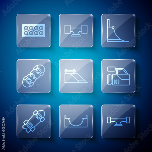 Set line Longboard or skateboard, Skate park, Skateboard wheel, Broken, and Cinema camera icon. Vector