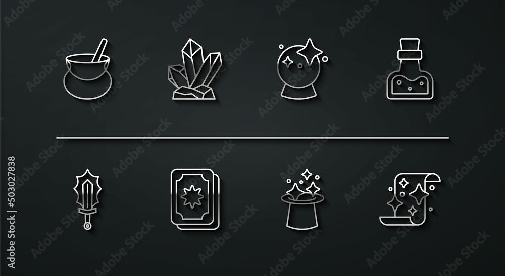 Set line Witch cauldron, Magic sword in fire, Bottle with potion, hat, Tarot cards, stone, scroll and ball icon. Vector