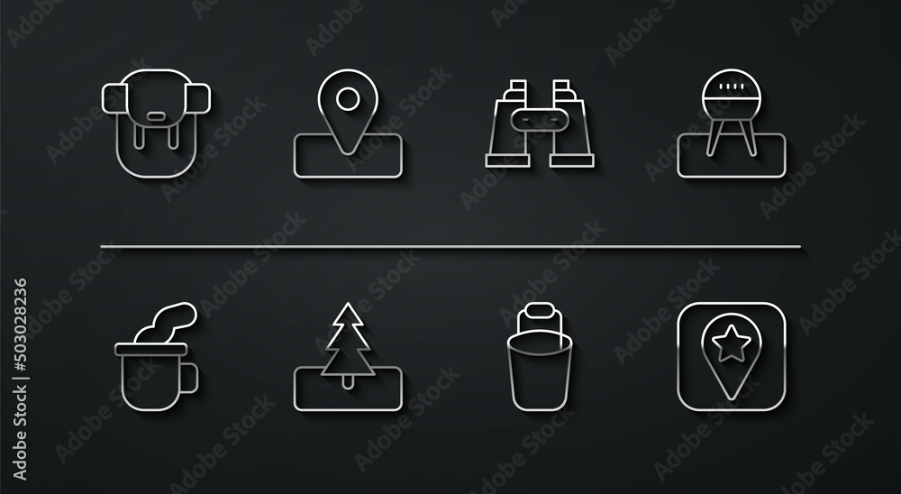Set line Hiking backpack, Cup of tea, Barbecue grill, Bucket, Tree, Location for camping, and Binoculars icon. Vector Set line Hiking backpack, Cup of tea, Barbecue grill, Bucket, Tree, Location for camping, and Binoculars icon. Vector