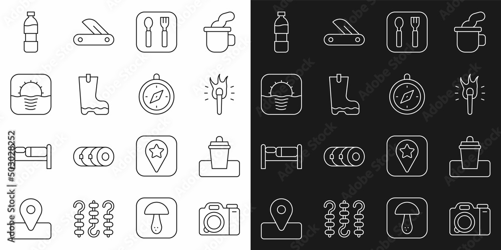 Set line Photo camera, Trash can, Torch flame, Fork and spoon, Waterproof rubber boot, Sunrise, Bottle water and Compass icon. Vector