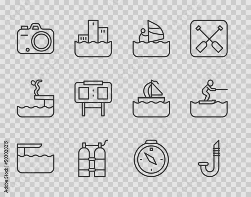 Set line Diving board or springboard, Snorkel, Windsurfing, Aqualung, Photo camera, Sport mechanical scoreboard, Compass and Water skiing man icon. Vector
