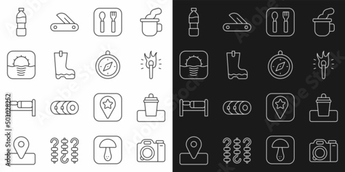 Set line Photo camera, Trash can, Torch flame, Fork and spoon, Waterproof rubber boot, Sunrise, Bottle water and Compass icon. Vector