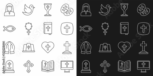 Set line Christian cross on monitor, Grave with, chalice, Rosary beads religion, fish symbol, Nun and Holy bible book icon. Vector
