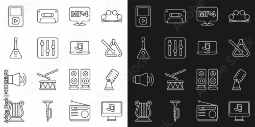 Set line Computer with music note, Microphone, Triangle musical instrument, MP4 file document, Sound mixer controller, Balalaika, Music player and Laptop icon. Vector