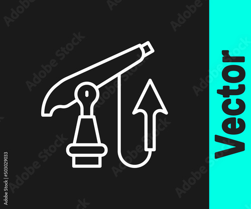 White line Fishing harpoon icon isolated on black background. Fishery manufacturers for catching fish under water. Diving underwater equipment. Vector
