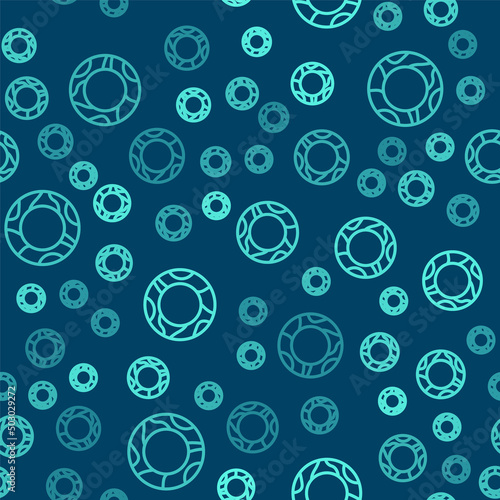 Green line Rubber swimming ring icon isolated seamless pattern on blue background. Life saving floating lifebuoy for beach, rescue belt for saving people. Vector
