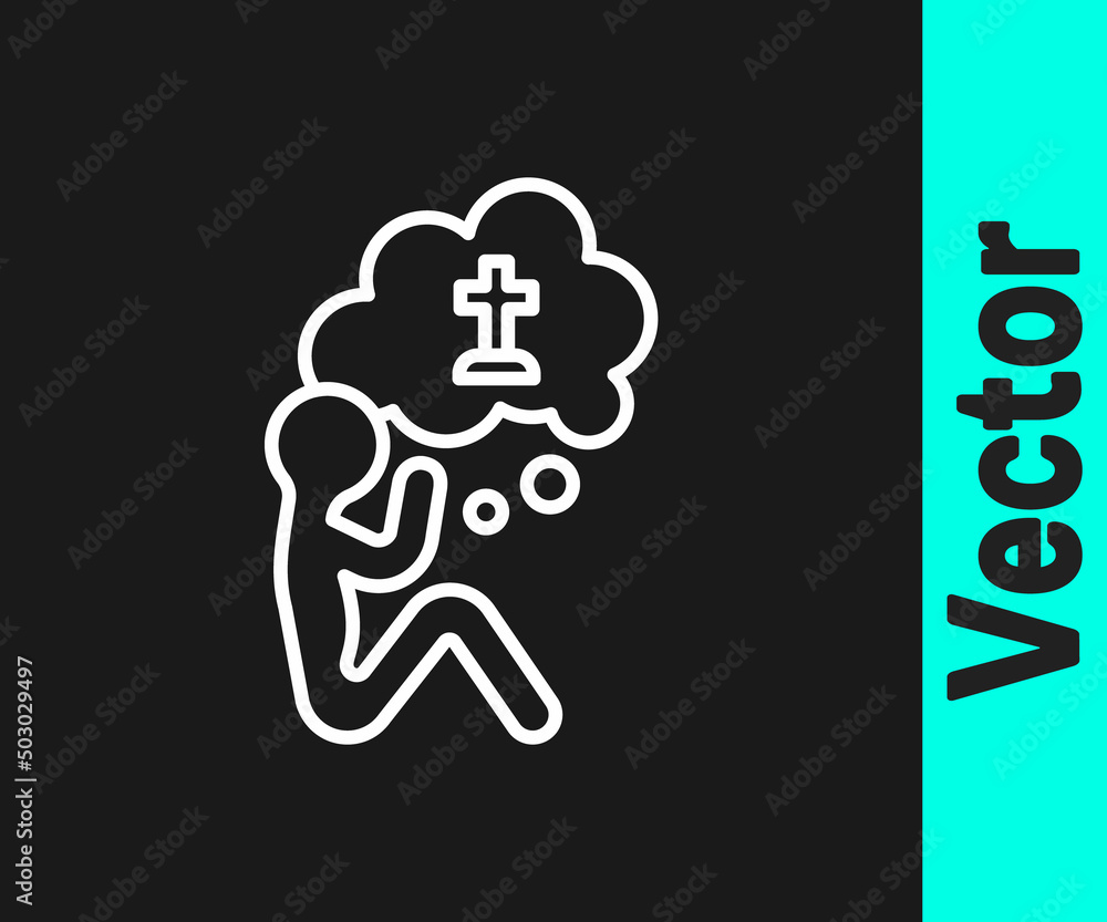White line Man graves funeral sorrow icon isolated on black background. The emotion of grief, sadness, sorrow, death. Vector White line Man graves funeral sorrow icon isolated on black background. The emotion of grief, sadness, sorrow, death. Vector