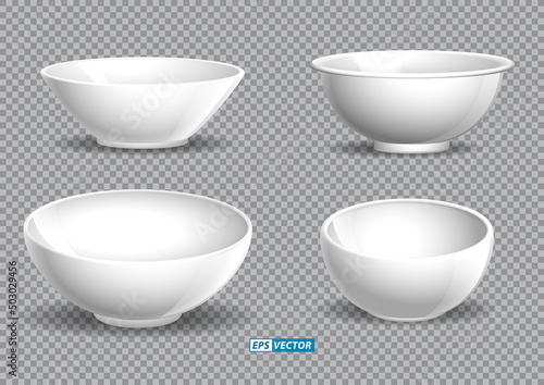 set of realistic ceramic bowl or transparent bowl glasses or kitchenware equipment for restaurant. eps vector