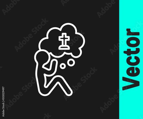 White line Man graves funeral sorrow icon isolated on black background. The emotion of grief, sadness, sorrow, death. Vector