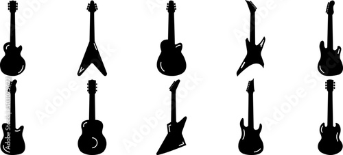 Icon set, silhouette of acoustic and electric guitars in different shapes