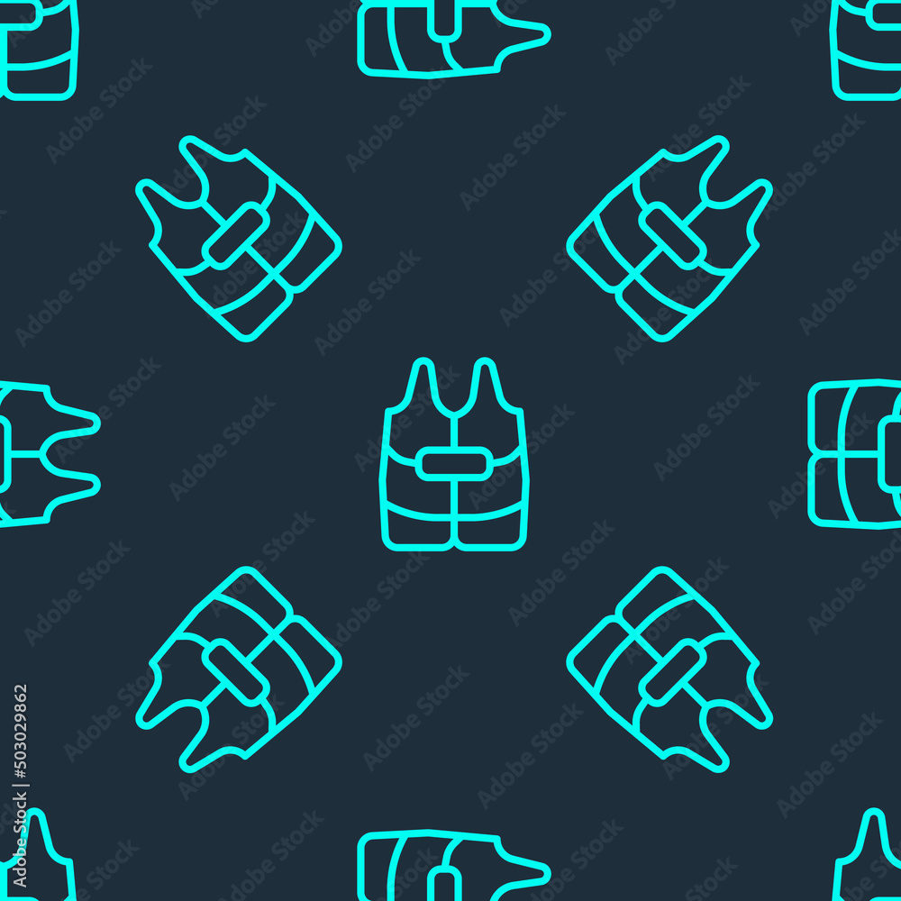 Fototapeta premium Green line Life jacket icon isolated seamless pattern on blue background. Life vest icon. Extreme sport. Sport equipment. Vector