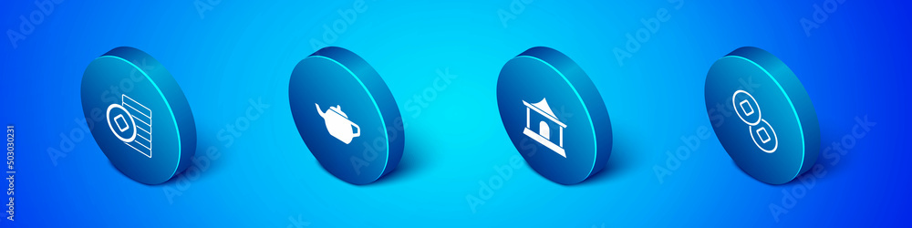 Set Isometric Chinese Yuan currency, house, and tea ceremony icon. Vector Set Isometric Chinese Yuan currency, house, and tea ceremony icon. Vector