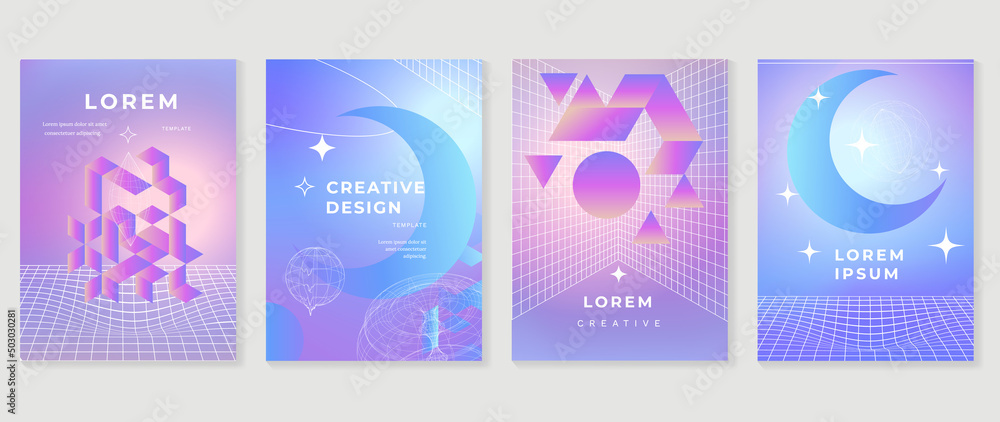 Abstract pastel gradient cover template. Set of modern poster with vibrant graphic color, hologram, star, grid, shapes, moon, wireframe. Minimal style design for flyer, brochure, media, background.