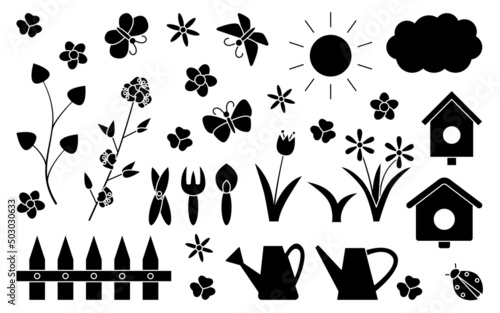 Spring summer glyph gardening set. For scrapbooking  children card. Tools  plants  butterflies and ladybug  clover and flowers  watering can and birdhouses  sun and cloud  fence. Vector illustration