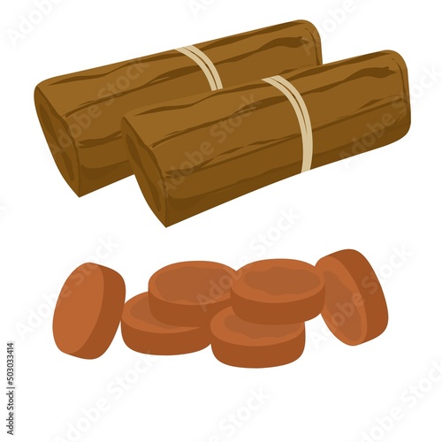 Vector illustration of Brown Sugar or Palm Sugar or Java Sugar. The ripe palm sugar is ready to be consumed and marketed. With a white background. Perfect for sachet product icons, and web logos.