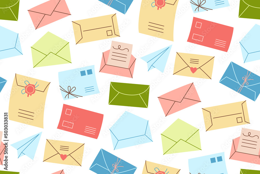 Mail envelope postcard seamless pattern. Handmade, scrapbook craft endless paper print letter, cards wallpaper. Letters post and mail service cartoon vintage wrapper, romantic background Mail envelope postcard seamless pattern. Handmade, scrapbook craft endless paper print letter, cards wallpaper. Letters post and mail service cartoon vintage wrapper, romantic background