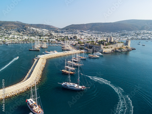 Awesome aerial view of Bodrum Marina and Bodrum Castle, Turkey