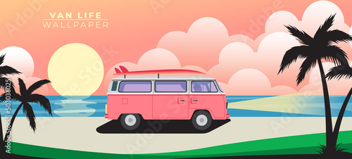 Van life wallpaper. Red Combi with a Surfboard on the road at the beach with background sunset. Van life vector. vintage retro. traveling by van. Campervan. camper van. camping. motorhome. road trip. photo