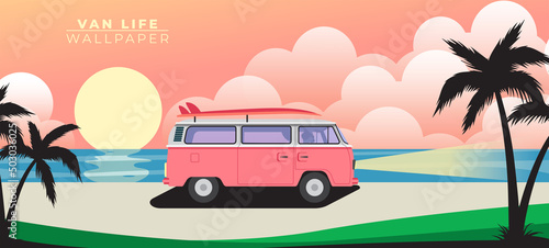 Van life wallpaper. Red Combi with a Surfboard on the road at the beach with background sunset. Van life vector. vintage retro. traveling by van. Campervan. camper van. camping. motorhome. road trip.