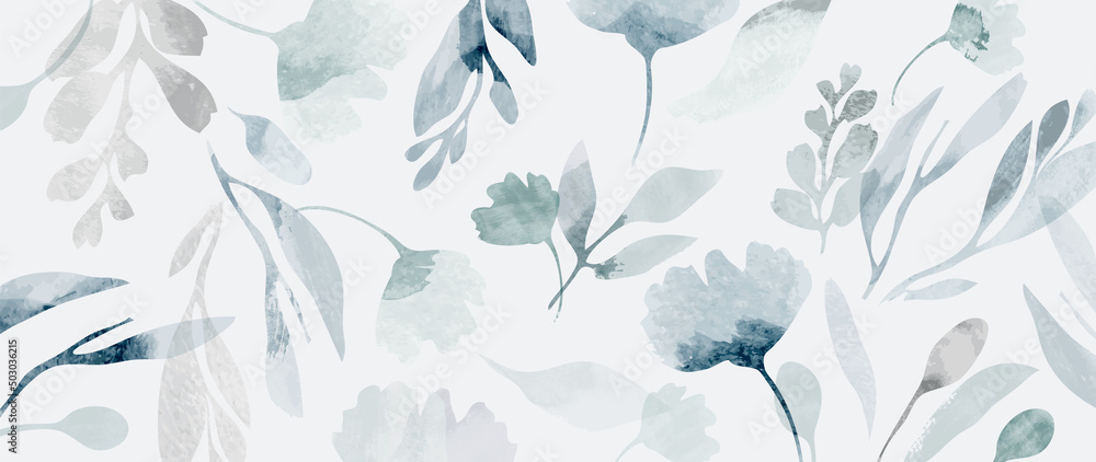 Abstract botanical in pattern vector background. Blossom wallpaper design with blue flowers, leaves, branches in watercolor texture. Vector illustration suitable for fabric, prints, cover. - obrazy, fototapety, plakaty 