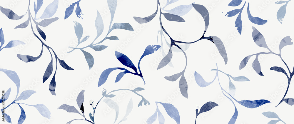 Abstract botanical in pattern vector background. Foliage wallpaper with blue leaves, branches in watercolor texture. Spring leaf illustration suitable for fabric, prints, cover. - obrazy, fototapety, plakaty 