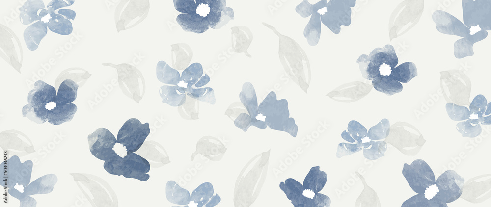 Abstract floral in pattern vector background. Blossom wallpaper with blue leaves, flowers in watercolor texture. Spring botanical illustration suitable for fabric, prints, cover. - obrazy, fototapety, plakaty 