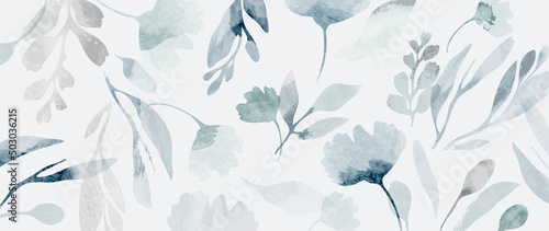 Abstract botanical in pattern vector background. Blossom wallpaper design with blue flowers, leaves, branches in watercolor texture. Vector illustration suitable for fabric, prints, cover.