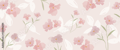 Abstract floral in pattern vector background. Blossom wallpaper with green leaves, pink flower in watercolor texture. Spring flowers illustration suitable for fabric, prints, cover.