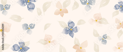Abstract floral in pattern vector background. Blossom wallpaper with blue leaves, pink flower in watercolor texture. Spring botanical illustration suitable for fabric, prints, cover.