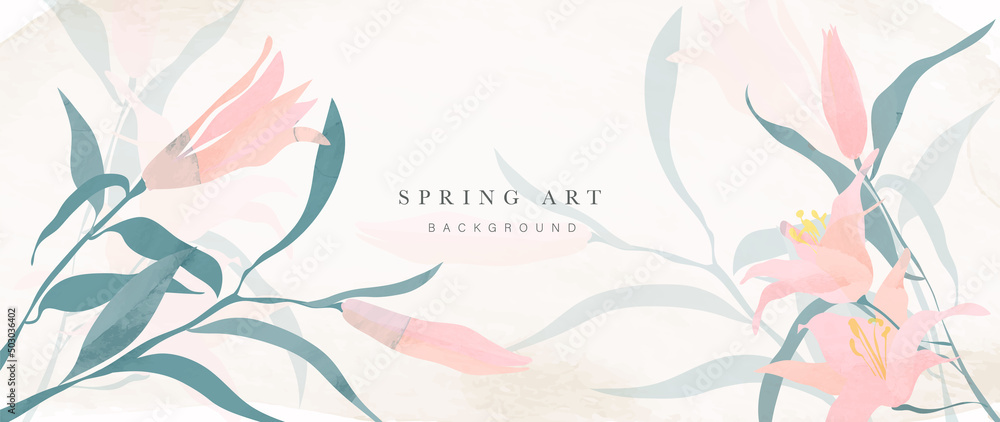 Spring floral in watercolor vector background. Tropical flowers wallpaper design with pink flower, leaves, foliage. Summer blossom flowers illustration suitable for fabric, prints, cover, decoration. - obrazy, fototapety, plakaty 