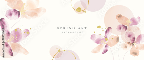 Spring floral in watercolor vector background. Luxury wallpaper design with purple flowers, circles, golden texture. Elegant gold blossom flowers illustration suitable for fabric, prints, cover.