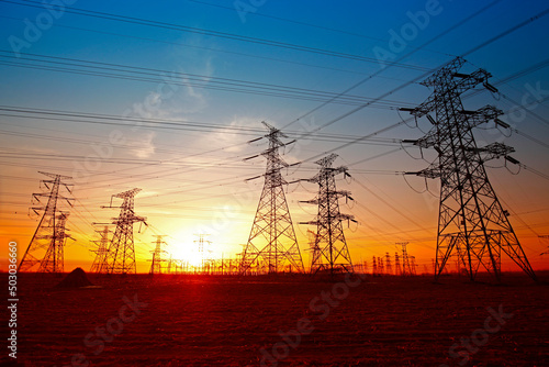 Canvas Print Wire electrical energy at sunset