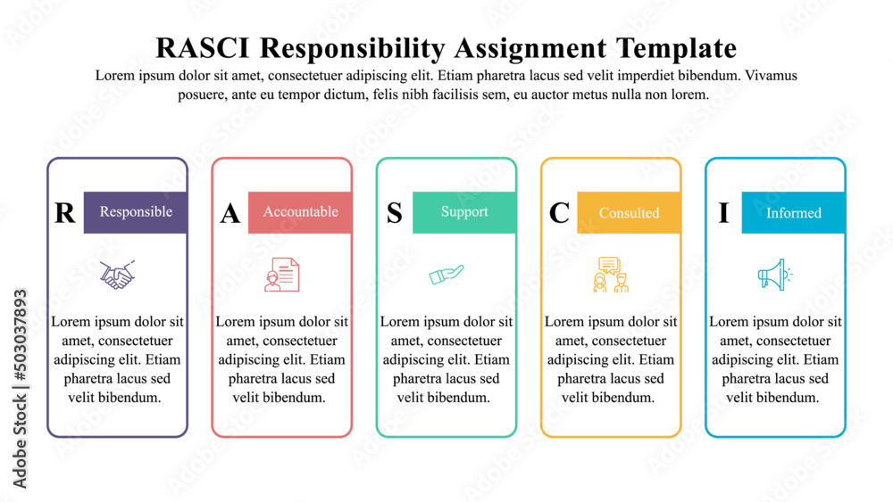 Infographic template of RASCI responsibility assignment template.