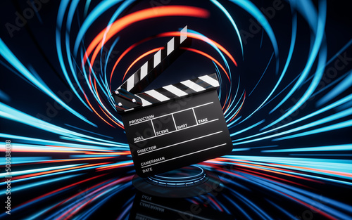 Valokuva Clapper board with spin lines effect background, 3d rendering.