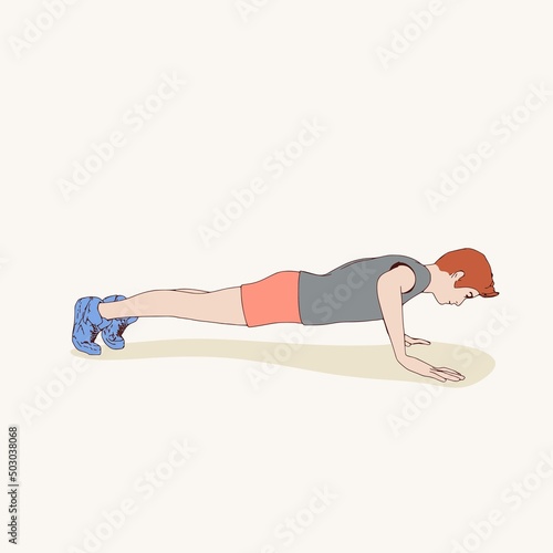 Young male workout. Sport man doing push up exercise. Casual sportwear - t-shirt, breeches and sneakers. Young man wearing workout clothes. Sport fashion boy outline in urban casual style.
