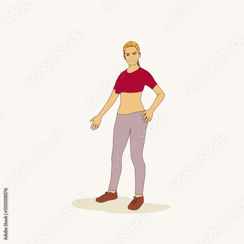 Standing woman. Sport girl illustration. Casual sportwear - t-shirt, breeches and sneakers. Young woman wearing workout clothes. Sport fashion girl outline in urban casual style.