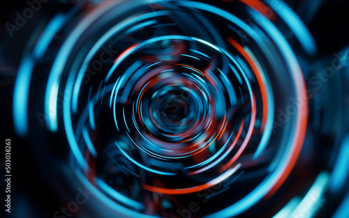 Glowing round illuminated lines with motion blur, 3d rendering.
