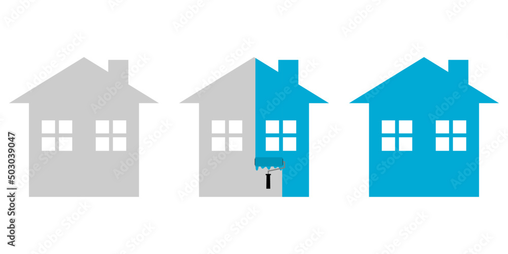 Paint roller brush with painted marking colored blue wall of home or house icon flat vector design. Paint roller brush with painted marking colored blue wall of home or house icon flat vector design.