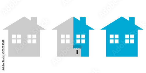 Paint roller brush with painted marking colored blue wall of home or house icon flat vector design.