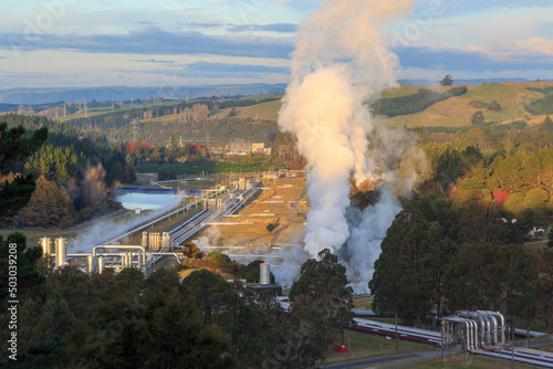 Steam rises from the large geothermal power plant at Wairakei, New Zealand. The station taps steam from the Taupo Volcanic Zone to produce electricity
